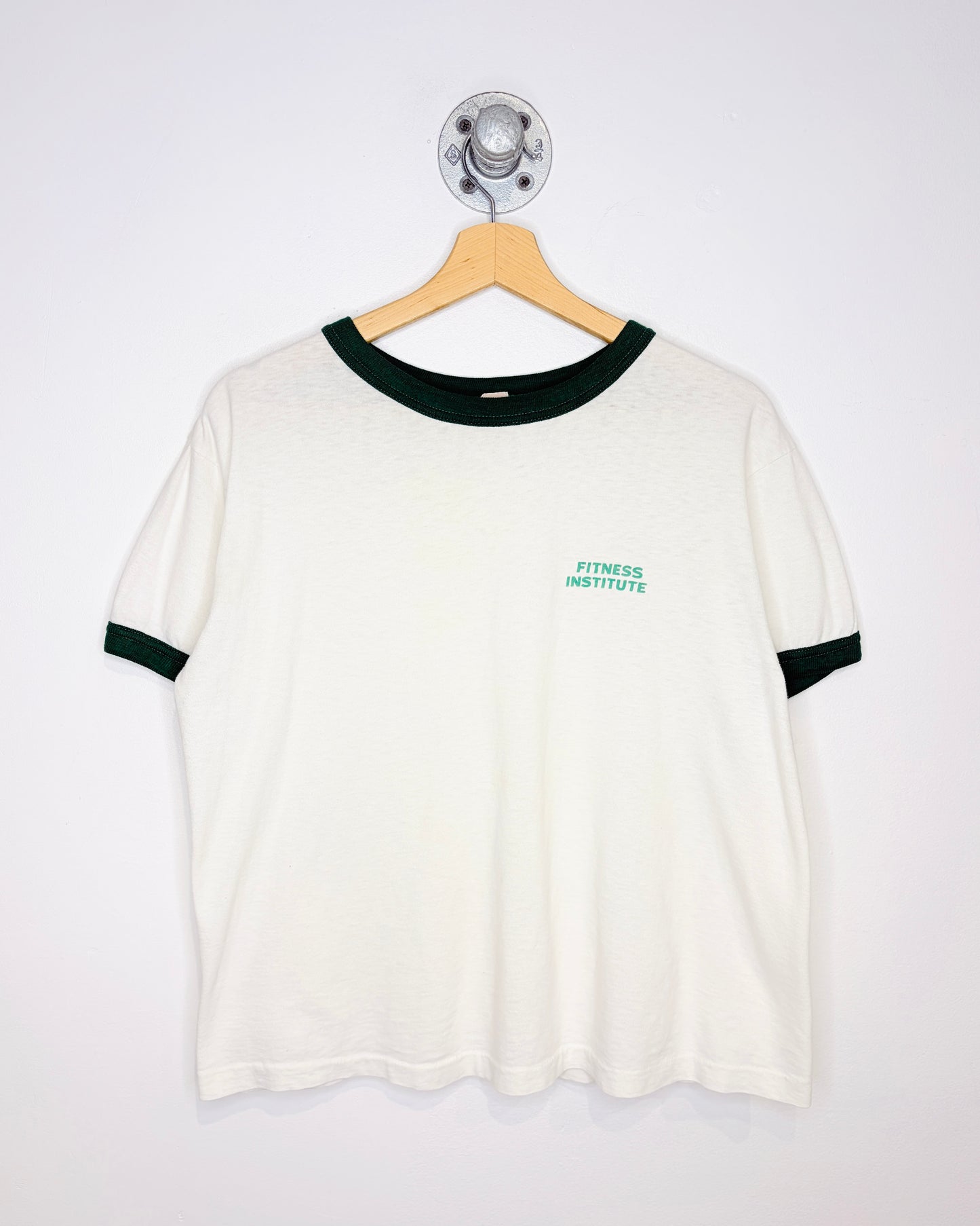 Vintage 1980s Fitness Institute Green Ringer White Tee Shirt