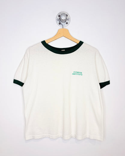 Vintage 1980s Fitness Institute Green Ringer White Tee Shirt