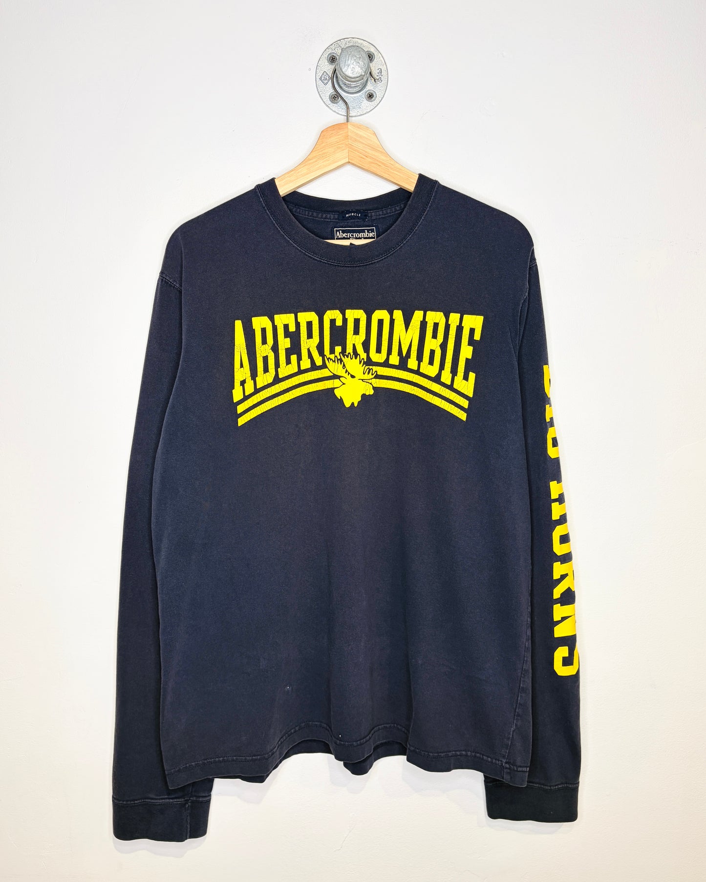 Abercrombie Long Sleeve Navy And Yellow Logo Shirt