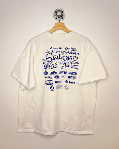 Vintage 1997 Canadian Stationary Bike Race Alberta White Tee Shirt