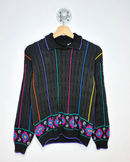 Vintage 90s Black & Multi Coloured Cable Knit Collared Sweater