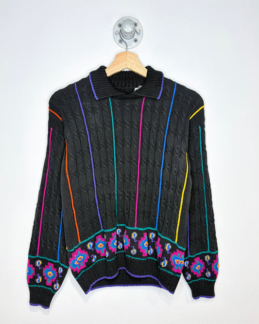 Vintage 90s Black & Multi Coloured Cable Knit Collared Sweater