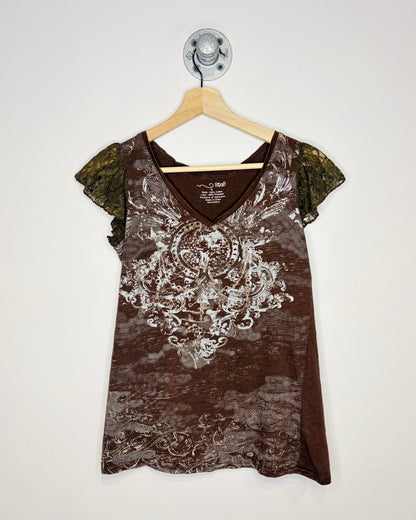 Y2K Women’s RXB Earth Tone Affliction Style V-Neck Top