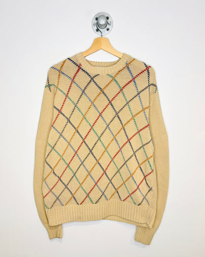 Vintage 90s Alan Flosser Tan Argyle Cotton Sweater