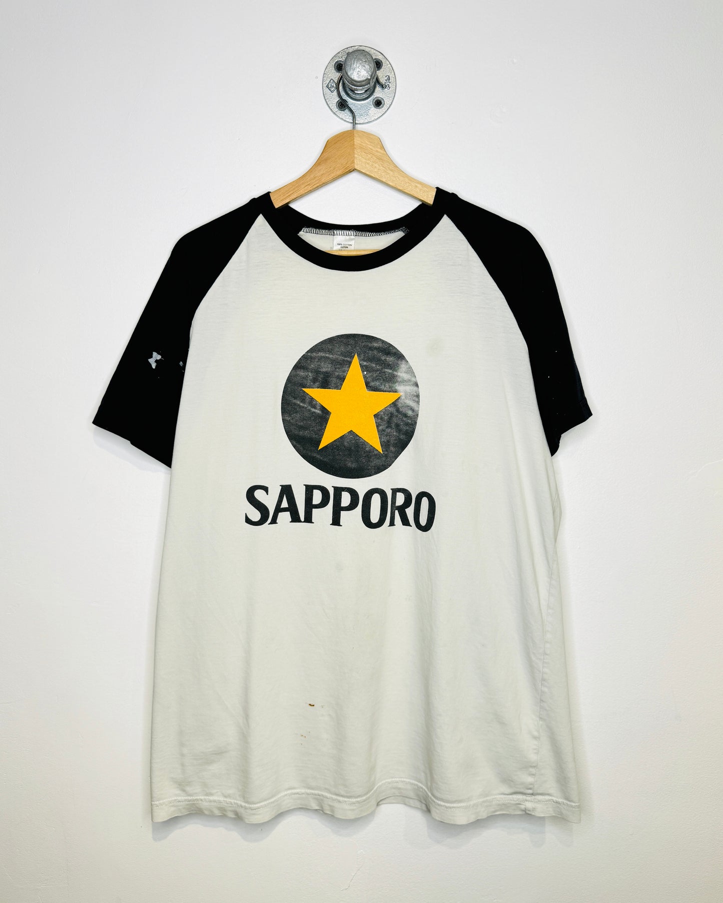 Vintage 90s Sapporo Beer TwoTone White Tee Shirt