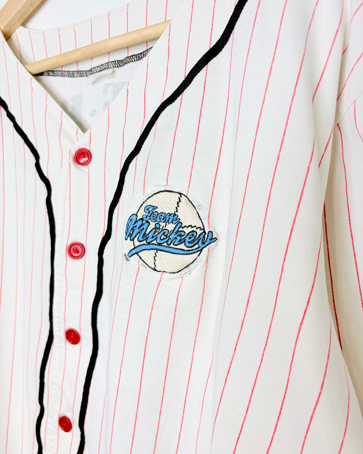 Vintage 90s Mickey & Co Disney White Pinstriped Baseball Jersey