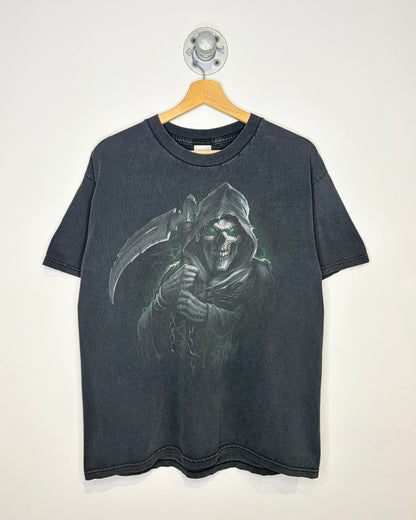 Vintage Y2K Grim Reaper Heavily Faded Black Tee Shirt