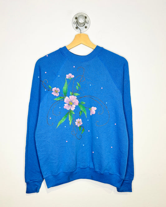 Vintage 1980s Flower And Rhinestone Glitter Blue Crewneck Sweatshirt