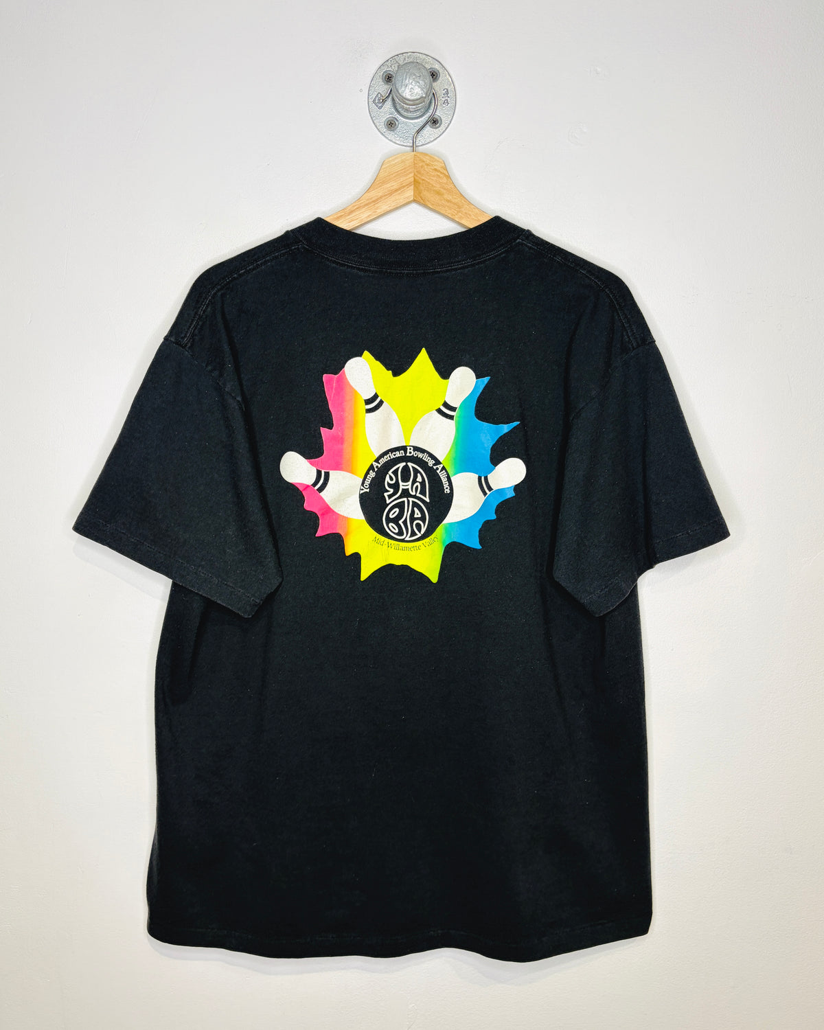 Vintage 90s Mid-Willamette Valley Bowling Faded Black Tee Shirt