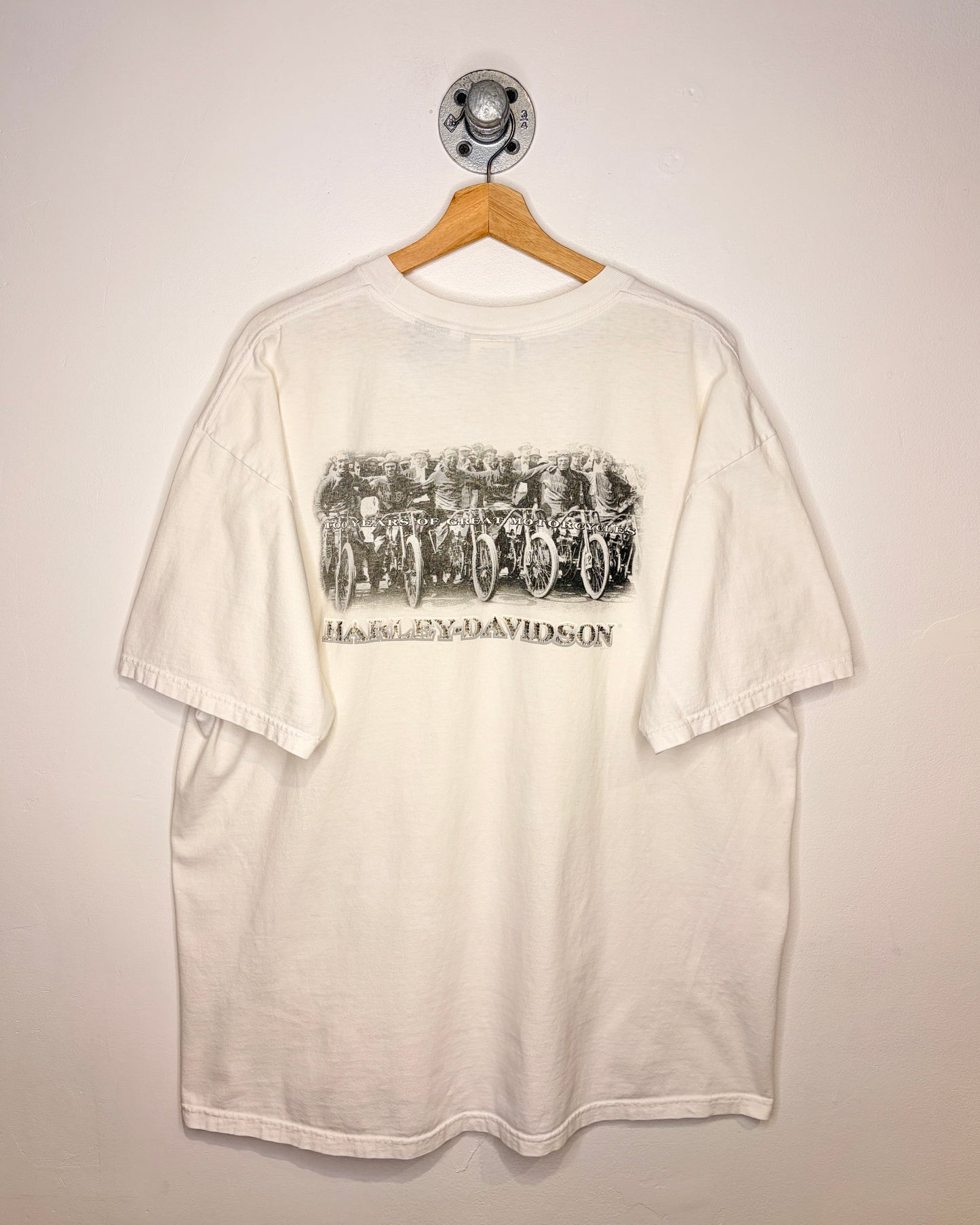 Vintage 2003 100 Years Of Harley Davidson White Pocket Tee Shirt