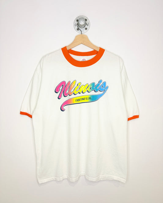 Vintage 90s Illinois White & Orange Ringer Tee Shirt