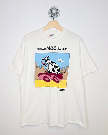 Vintage 1990s Ed Tel Telecom Graphic Print White Tee Shirt