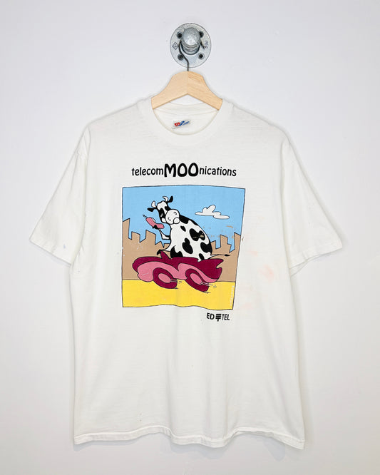 Vintage 1990s Ed Tel Telecom Graphic Print White Tee Shirt