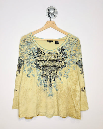 Aux Fleurs Paris Beige And Blue Rhinestone Women’s Shirt