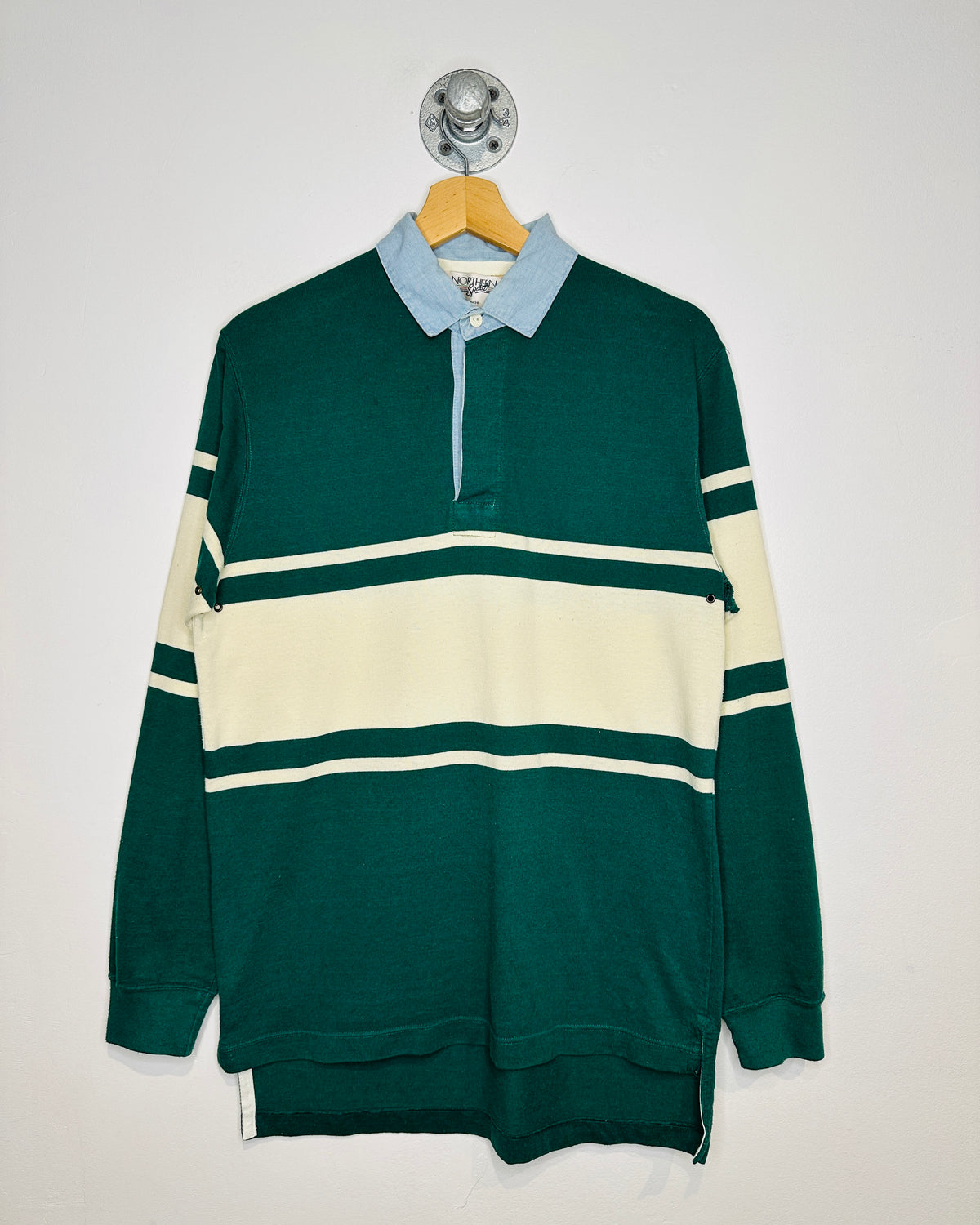 Vintage 1990s Denim Collared Green And Cream Long Sleeve Polo Shirt