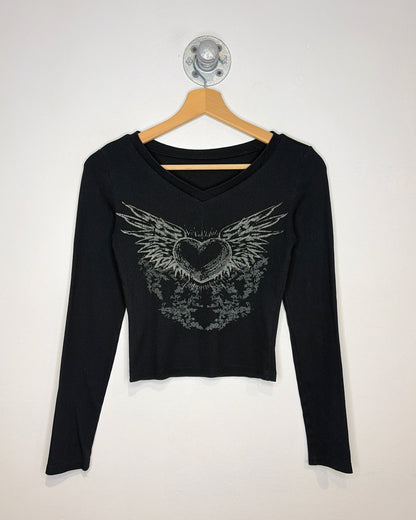 Y2K Women’s Heart Graphic Black Ribbed V-Neck Longsleeve Shirt