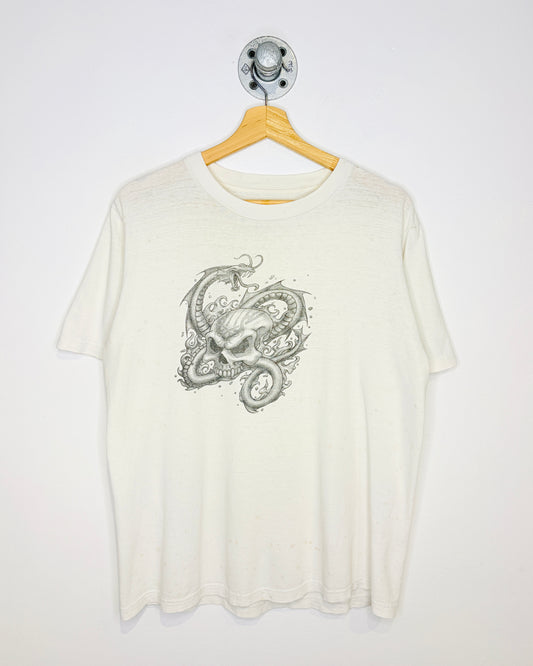 Y2K Thrashed Tribal Dragon White Tee Shirt