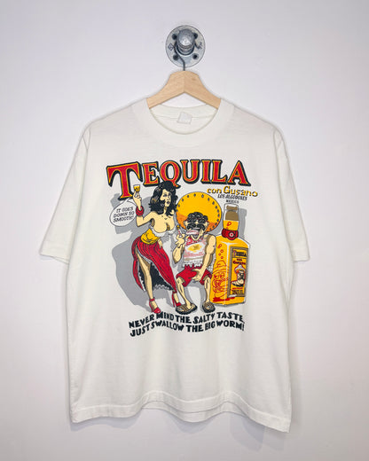 Vintage 90s Tequila Con Gusano Mexico White Tee Shirt