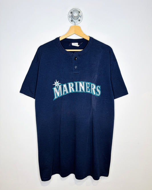 Vintage 90s Seattle Mariners Navy Short Sleeve Henley Shirt
