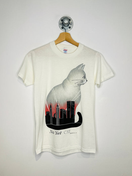 Vintage 1980s New York Cat Rhinestone Eye White Tee Shirt