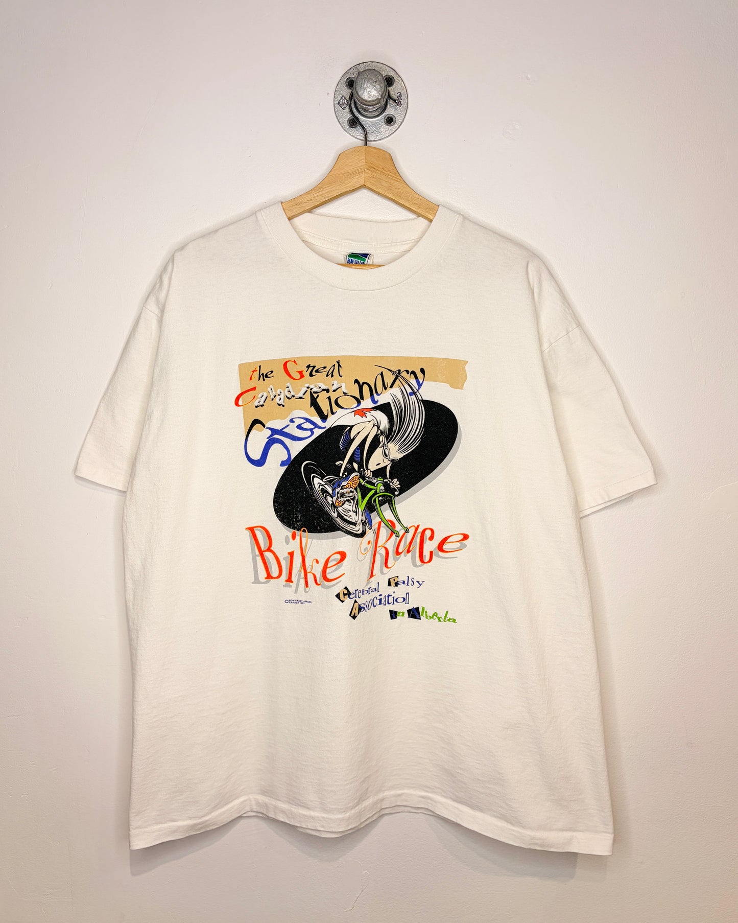 Vintage 1997 Canadian Stationary Bike Race Alberta White Tee Shirt