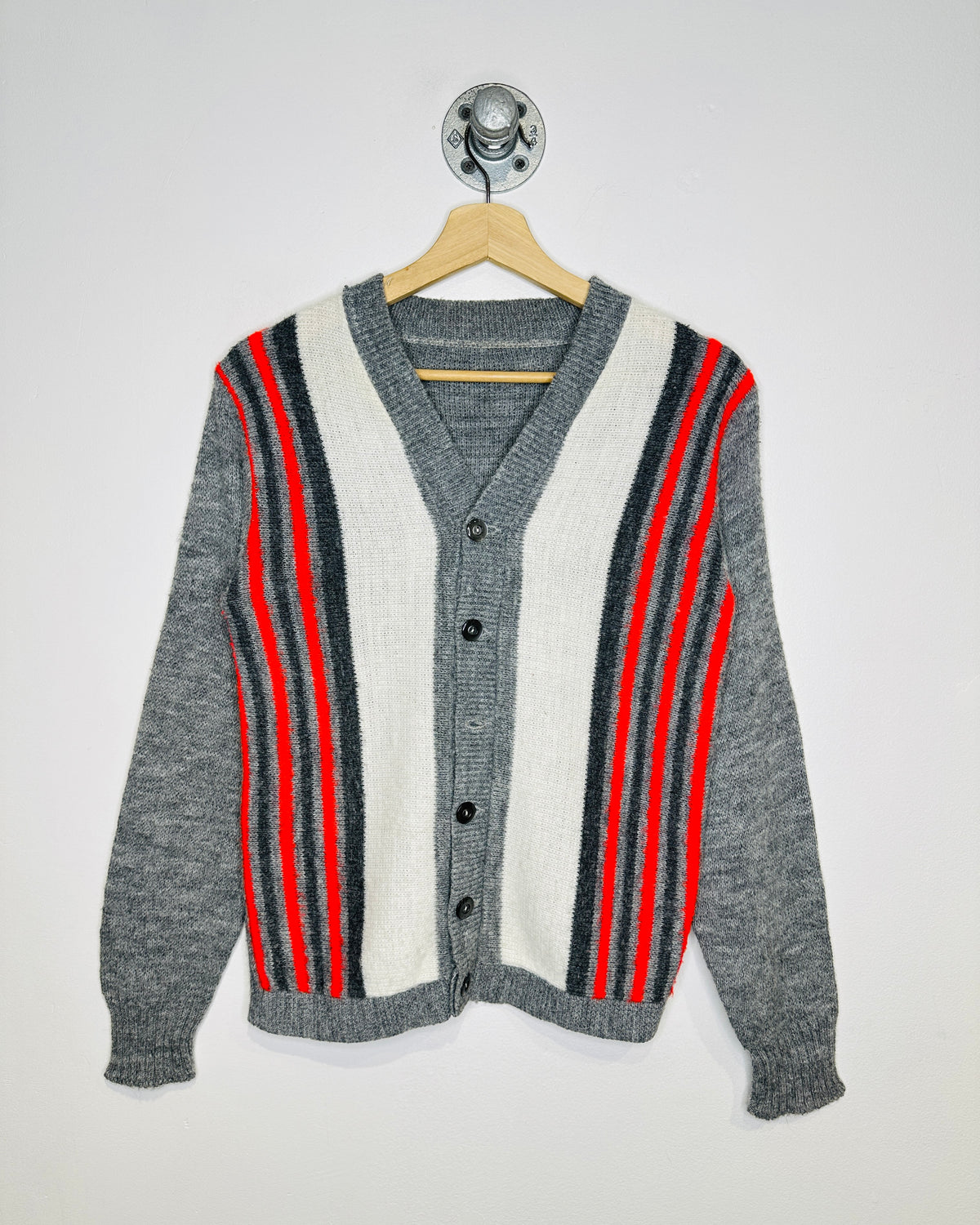 Vintage 1980s Grey, White, And Red Cardigan