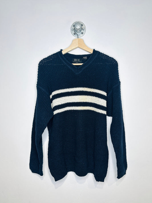 Vintage 2000s Navy And White Three Stripe V Neck Cable Knit Sweater