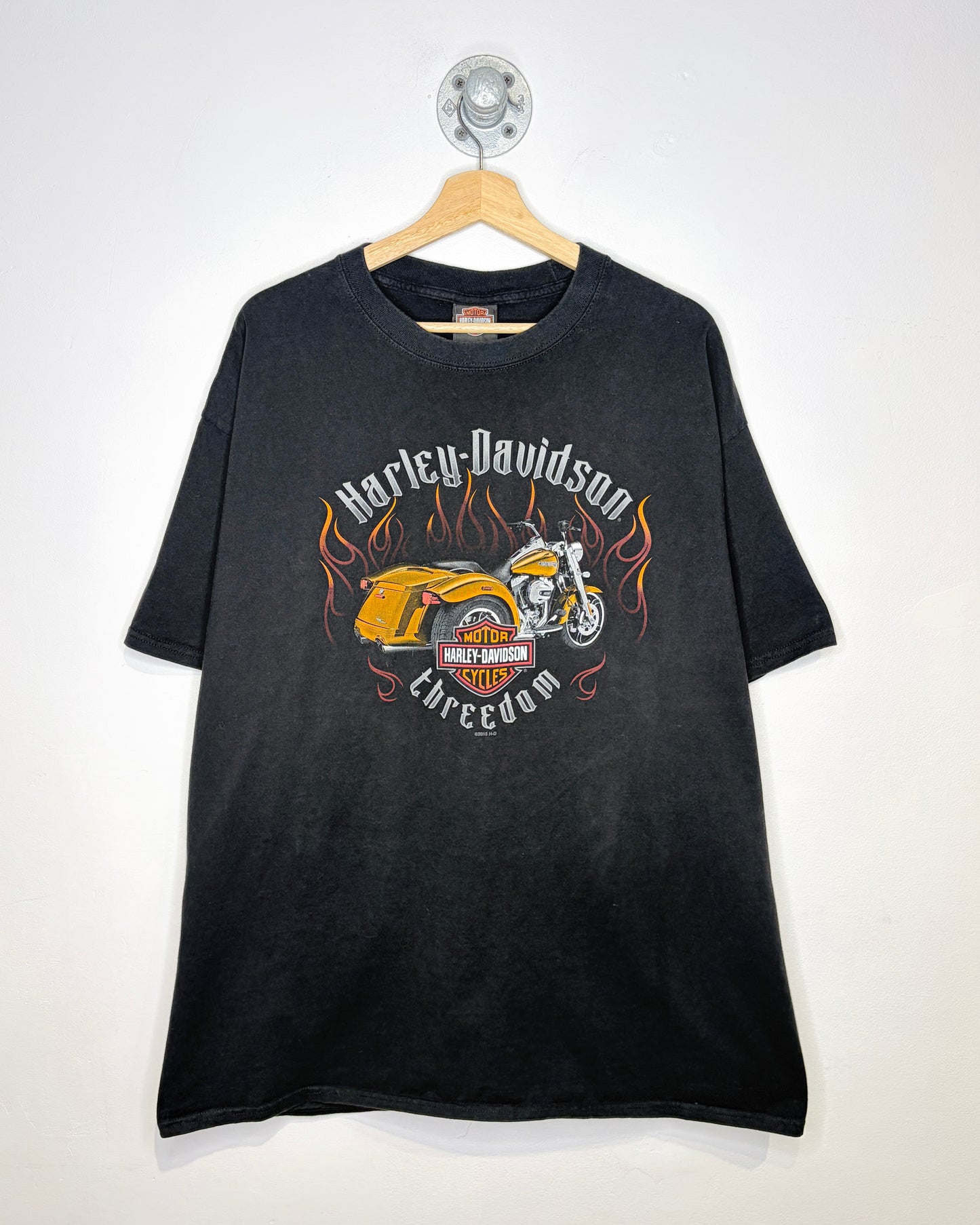 Harley Davidson Freedom Orange Motorcycle And Flames Black Tee Shirt
