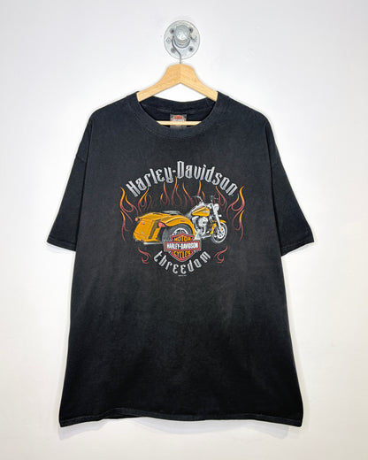 Harley Davidson Freedom Orange Motorcycle And Flames Black Tee Shirt