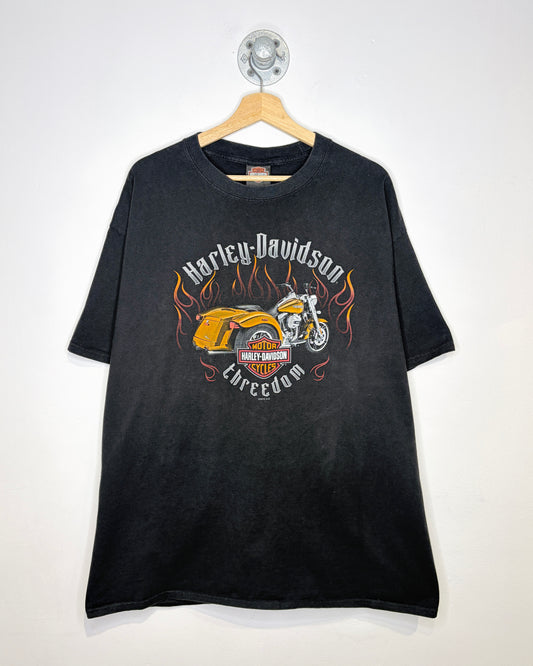 Harley Davidson Freedom Orange Motorcycle And Flames Black Tee Shirt