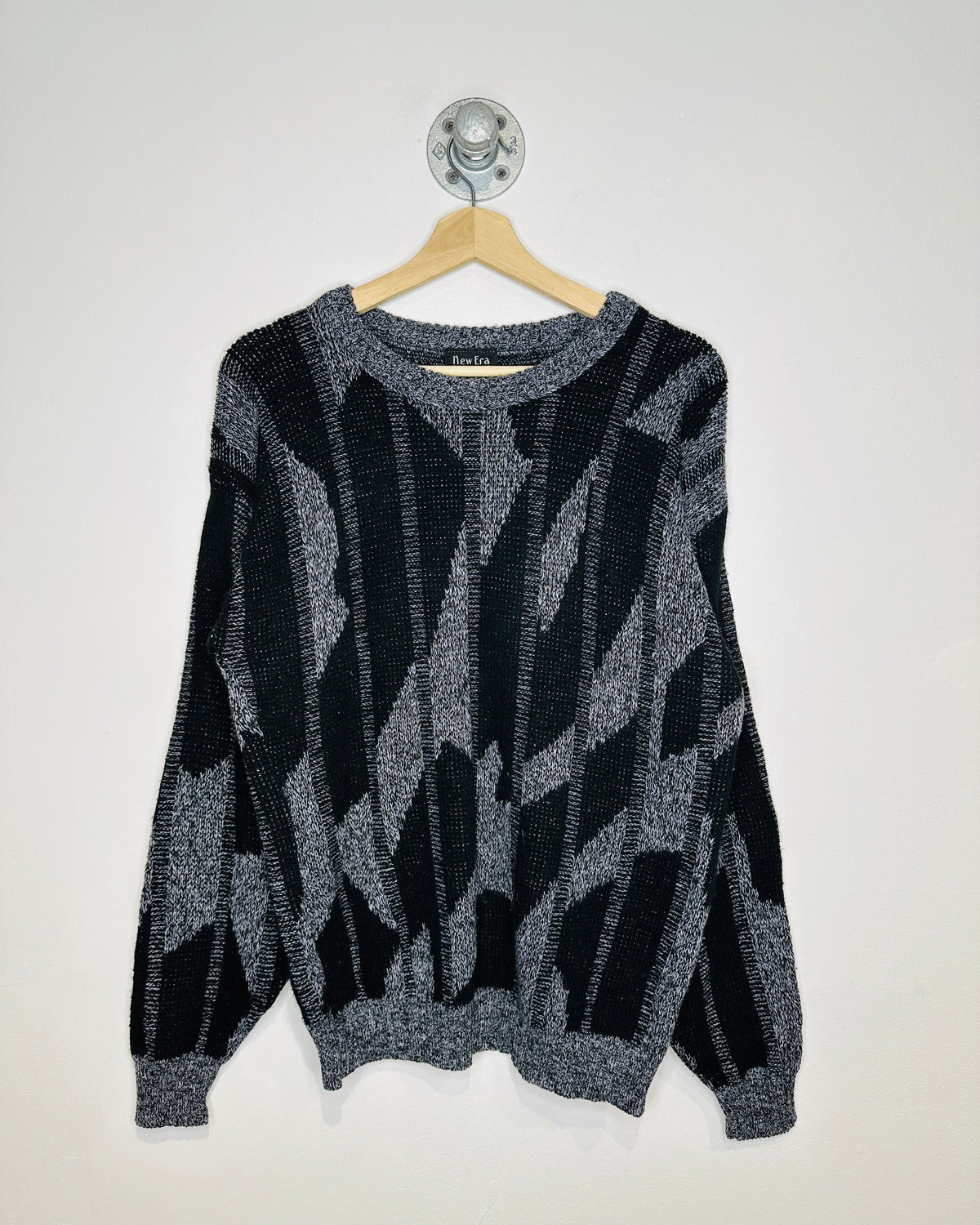 Vintage 1980s New Era Black And Grey Geometric Patterned Acrylic Sweater