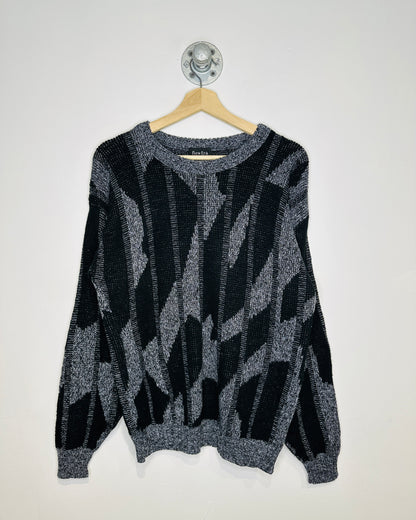 Vintage 1980s New Era Black And Grey Geometric Patterned Acrylic Sweater