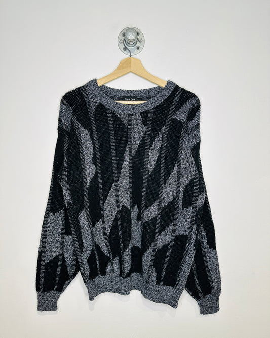 Vintage 1980s New Era Black And Grey Geometric Patterned Acrylic Sweater