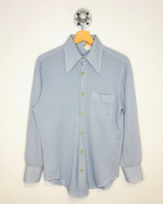 Vintage 1970s One Pocket Geometric Patterned Light Blue Button Up Shirt