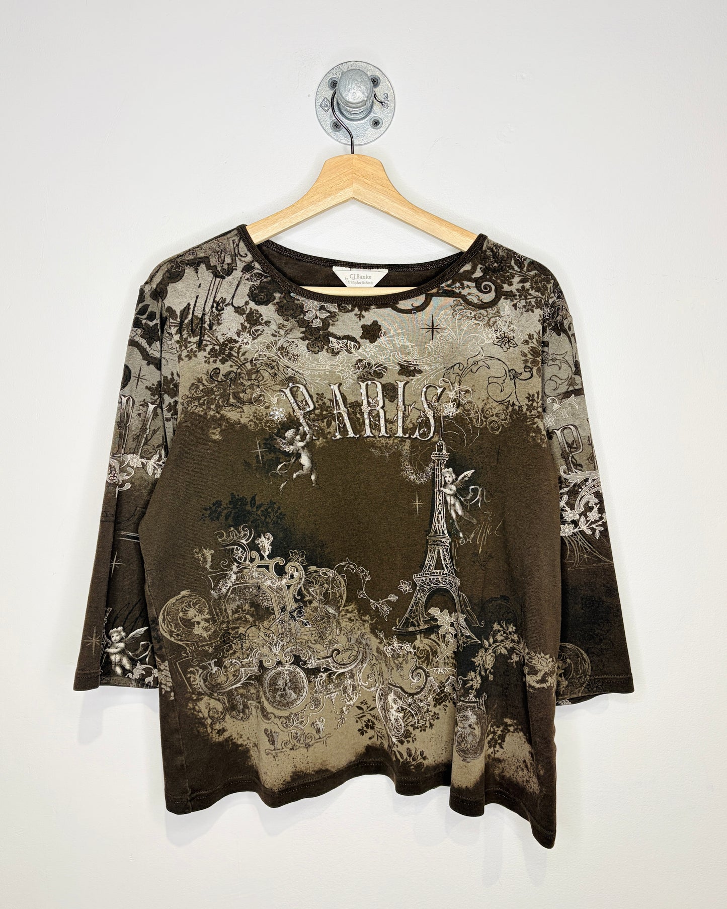Vintage Y2K Women’s CJ Banks Paris AOP Earth Tone Longsleeve Shirt