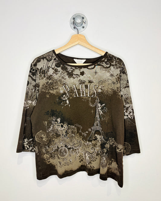 Vintage Y2K Women’s CJ Banks Paris AOP Earth Tone Longsleeve Shirt