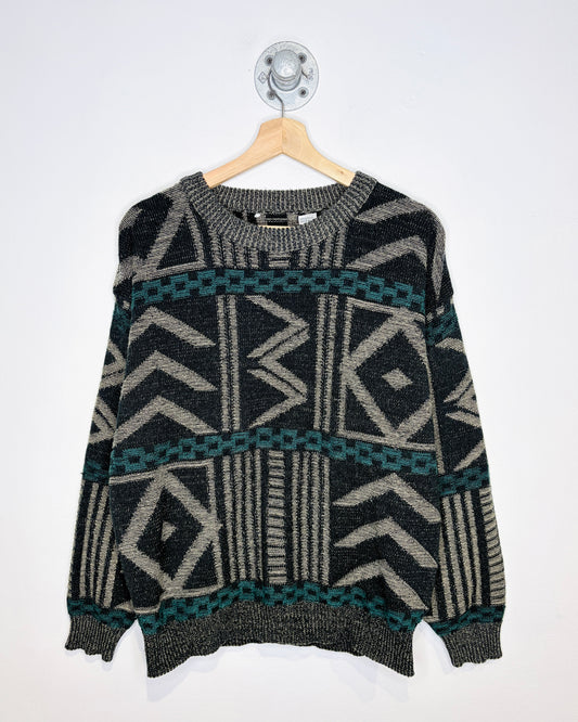 Vintage 90s Grey, Black & Teal Abstract Sweater