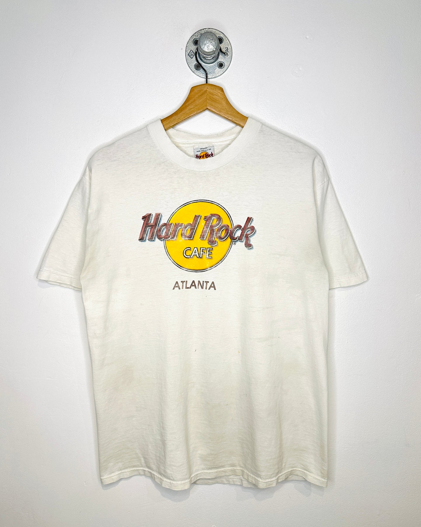 Vintage 90s Hard Rock Cafe Atlanta Thrashed White Tee Shirt