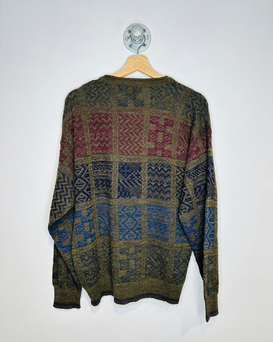 Vintage 1980s The Italian Sweater Co. Olive And Blue Abstract Patterned Acrylic And Wool Sweater