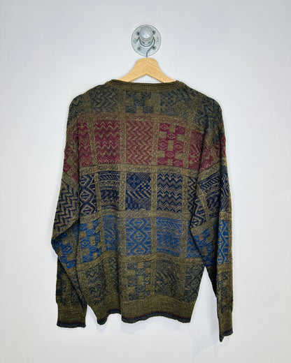 Vintage 1980s The Italian Sweater Co. Olive And Blue Abstract Patterned Acrylic And Wool Sweater