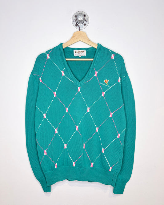 Vintage 90s La Mude Teal Argyle Print V-Neck Sweater