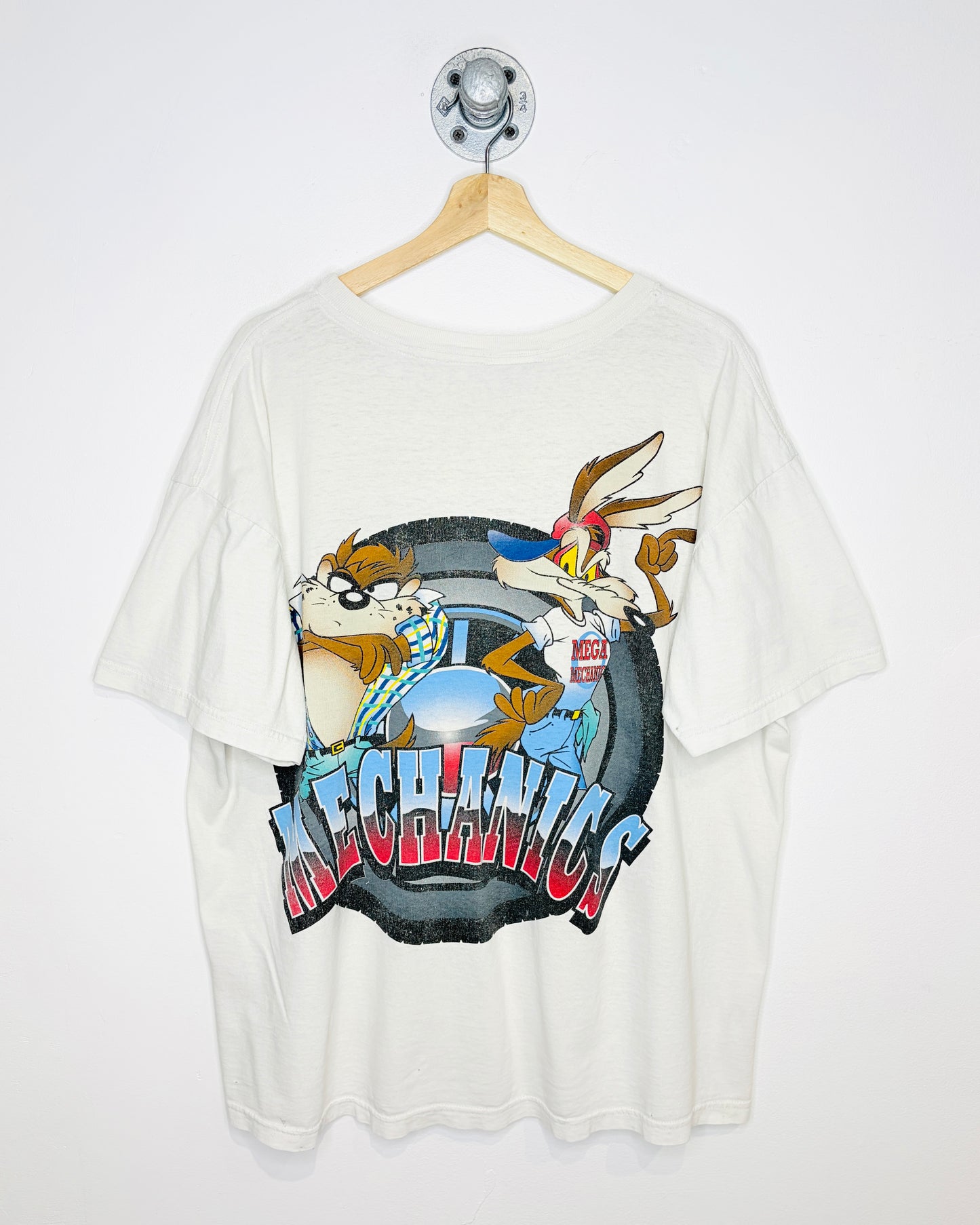 Vintage 1995 Looney Tunes Hot Rods Mechanics Thrashed White Tee Shirt