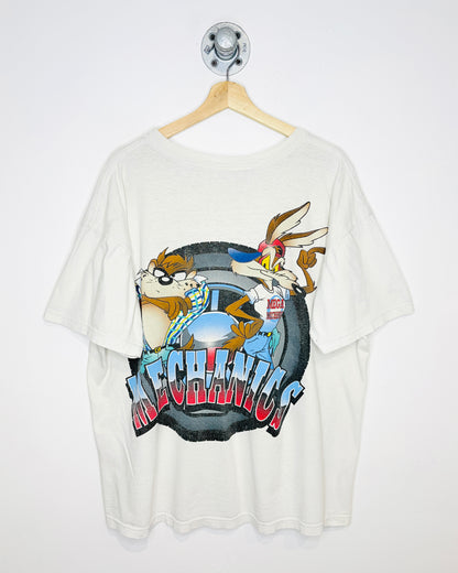 Vintage 1995 Looney Tunes Hot Rods Mechanics Thrashed White Tee Shirt