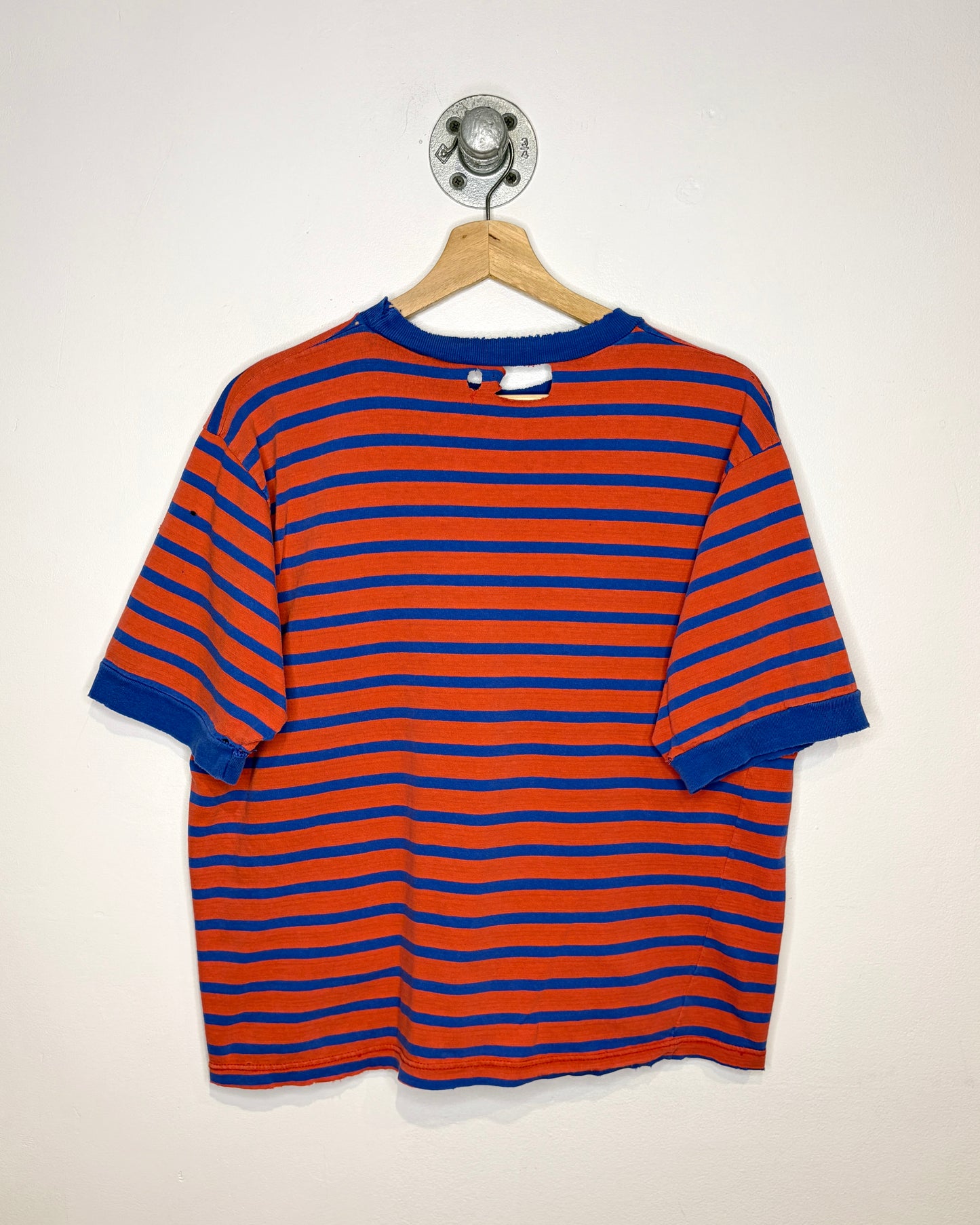 Vintage 90s Boxy & Thrashed Red & Blue Striped Tee Shirt