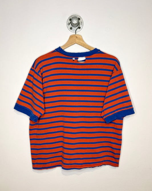 Vintage 90s Boxy & Thrashed Red & Blue Striped Tee Shirt