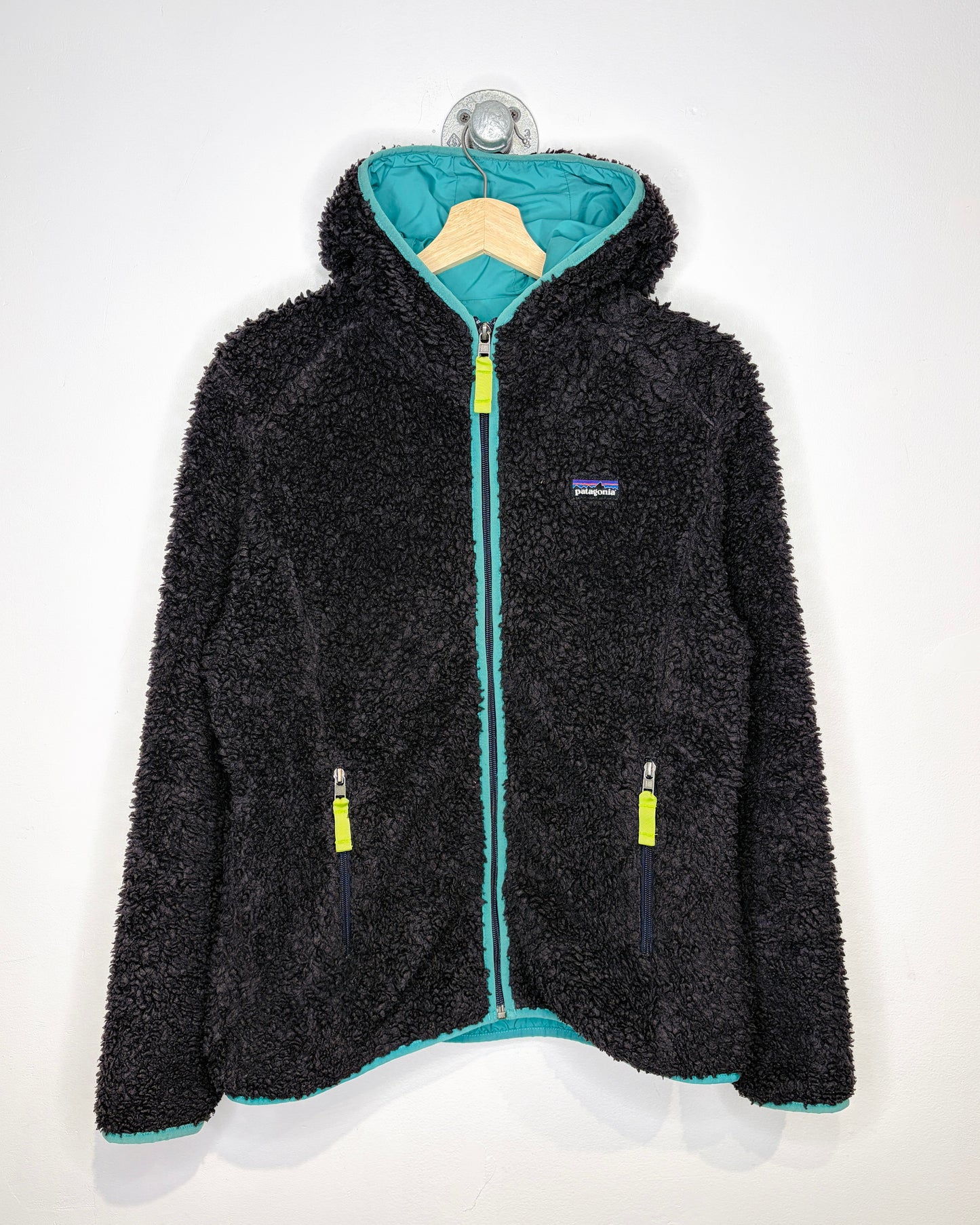Patagonia Deep Pile Black Hooded Zip Up Fleece Jacket