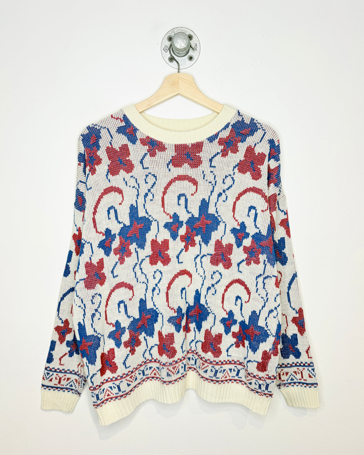 Vintage 90s White, Blue & Red Abstract Knit Sweater