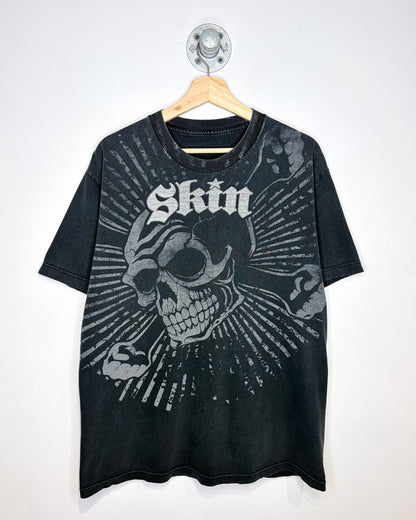 Vintage 2000s Skin Industries Skull Graphic Faded Black Tee Shirt