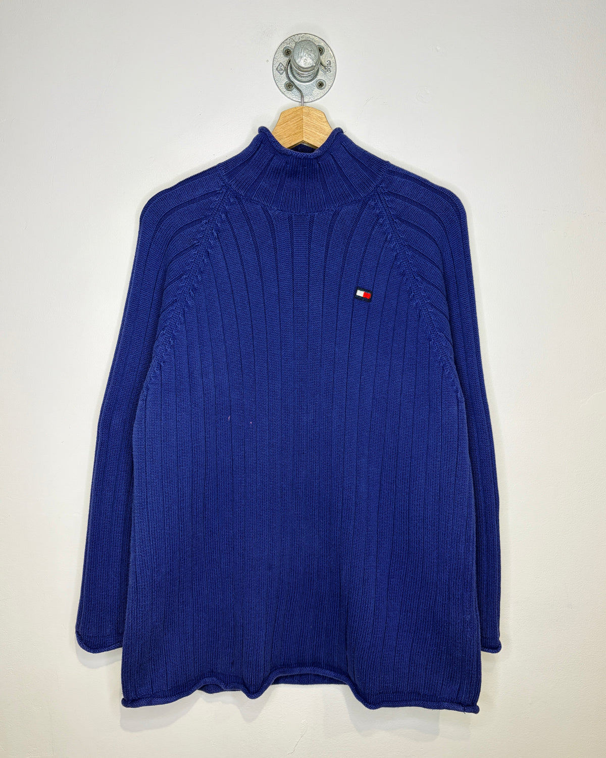 2000s Tommy Hilfiger Blue Cable Knit Roll Neck Sweater