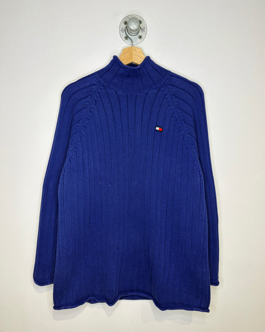 2000s Tommy Hilfiger Blue Cable Knit Roll Neck Sweater